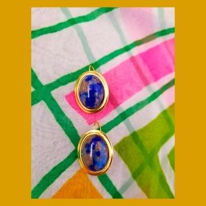 Vintage Blue & Gold Glittery Marble Gold tone Sparkly Costume Earrings